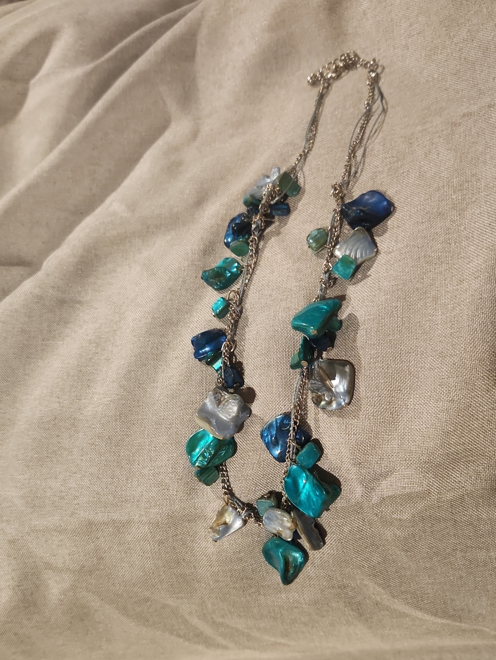 Multi-Strand Blue & Teal Shell Pendant Necklace